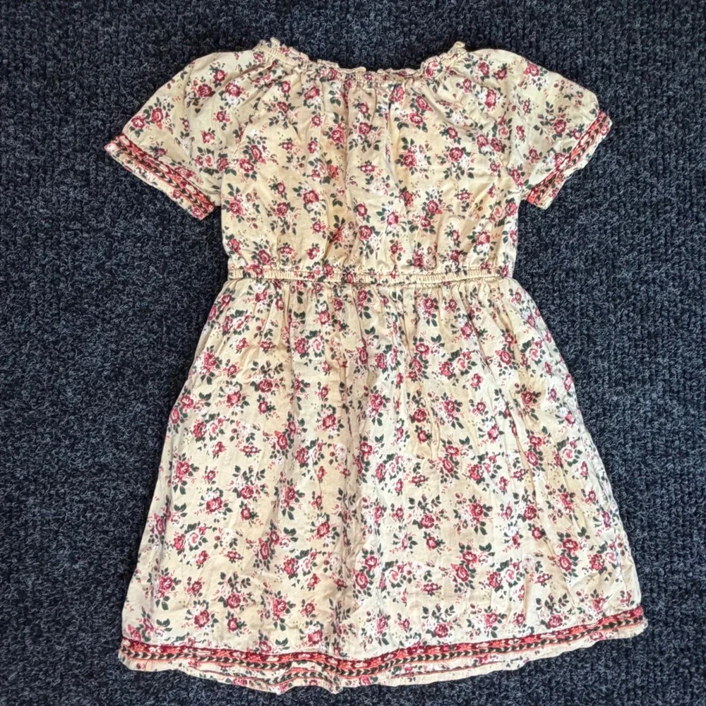 Gap Kids Floral Short Sleeve Dress Cream Red Rose Print Embroidered Trim Size S